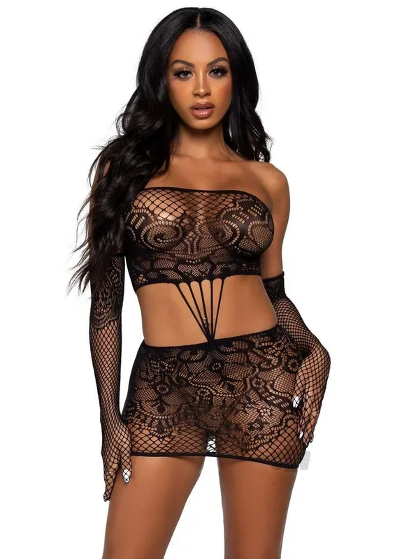 2 Pc. Strappy Lace Tube Dress and Gloves – One Gloves – One Size – Black