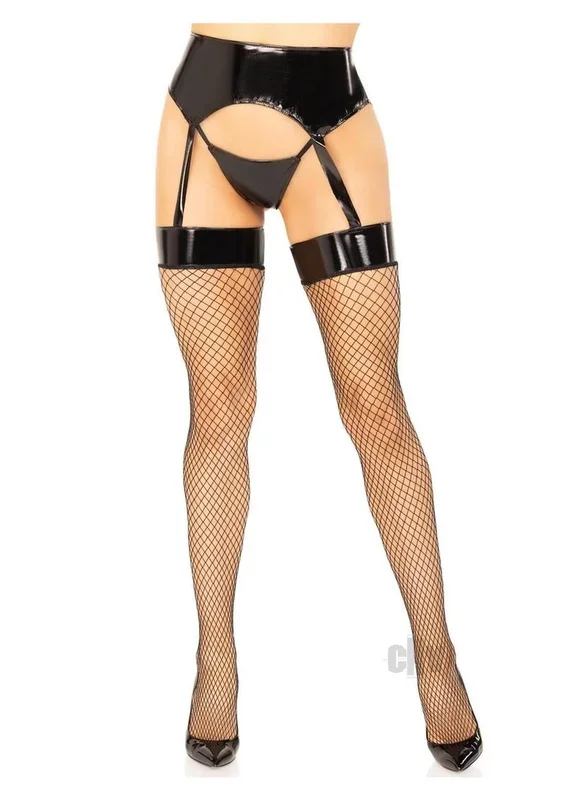 2 Pc. Vinyl Garter Belt Fishnet Stockings and G-String – Black – Small/ Medium
