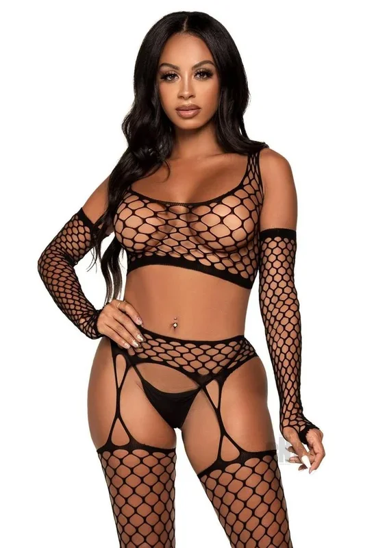 3 Pc Net Crop Top, Garter Stockings, and Matching Gloves – One Size – Black