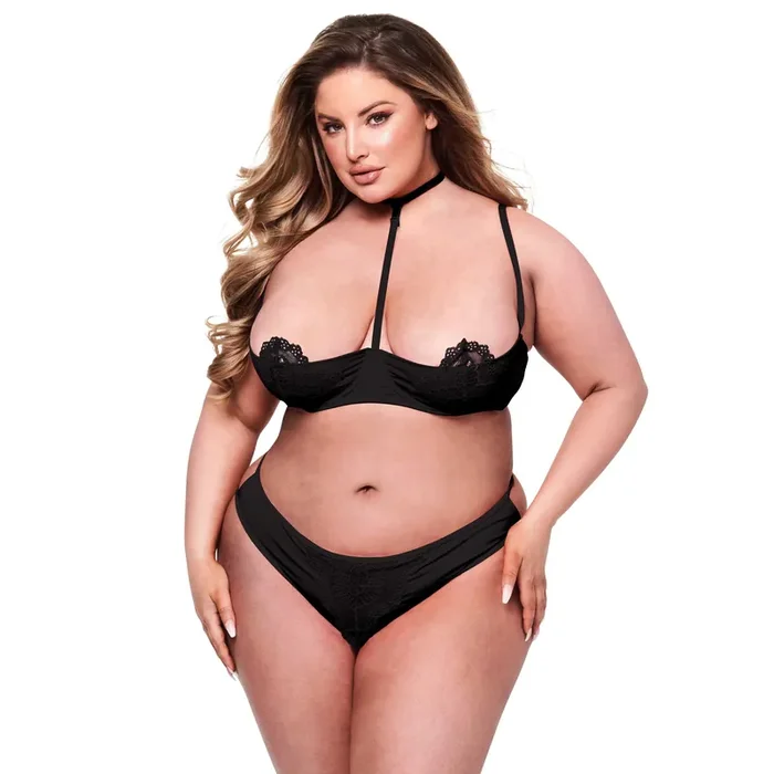 Baci – 2pc Sexy Quarter Cup Bra & G-string Set Black Queen