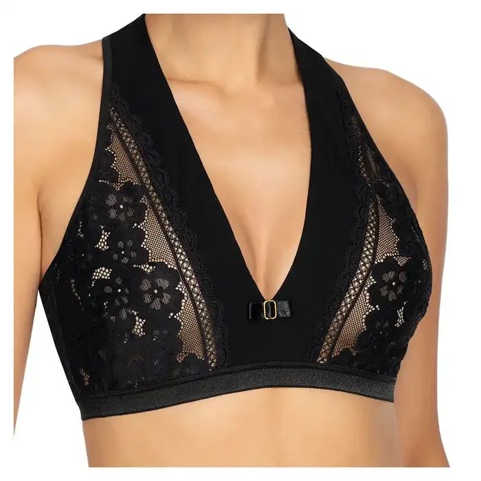 Bezauberndes Neckholder-Top aus zarter Blütenspitze schwarz