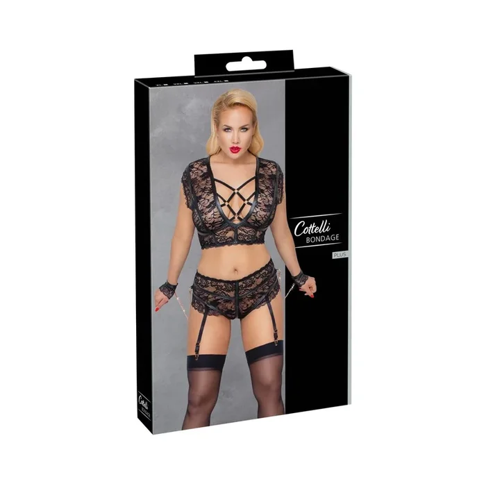 BH & Straps-Slip ouvert mit Handfesseln – Schwarz – Größe 3XL