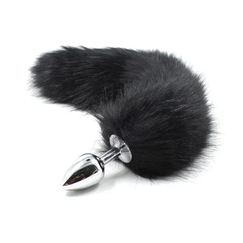 Black Faux Fur Tail with Metal Butt Plug – Large
