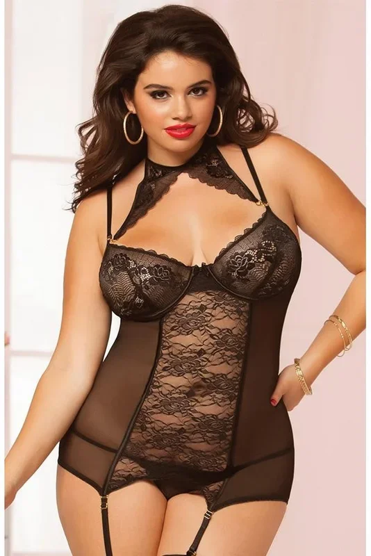 Black Lace & Mesh Merrywidow Set in OSXL