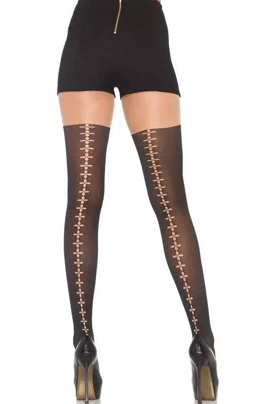 Black Opaque Pantyhose with Suture Backseam Detail in OS