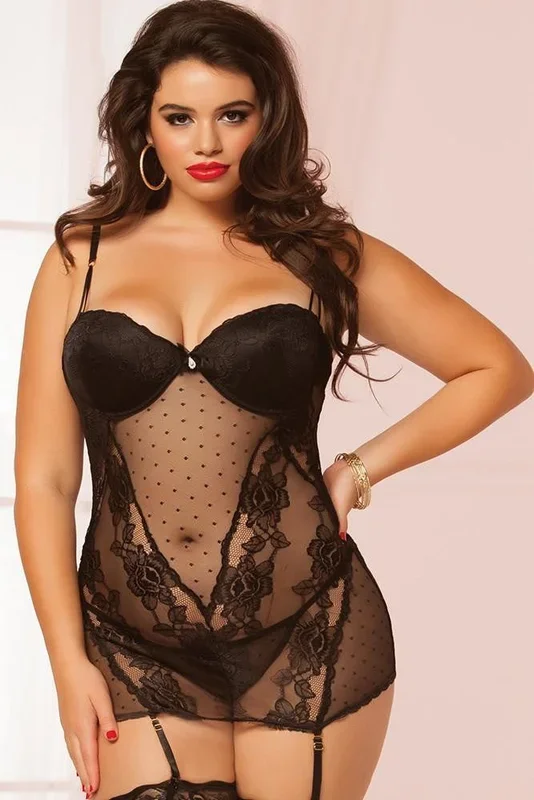 Black Rose Lace and Dotted Mesh Chemise Set in 3X/4X