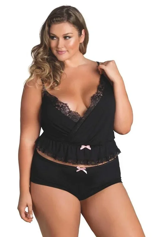 Black Rushed Jersey Knit Cami and Boyshorts in 3X/4X