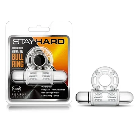 Blush Stay Hard 10 Function Vibrating Bull Ring Cock Ring – Clear