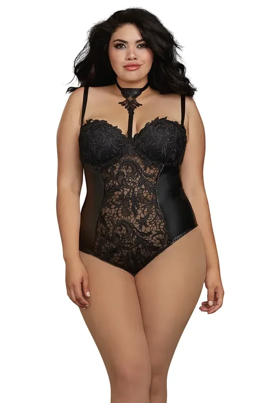 Body aus Spitze und Kunstleder – Queensize