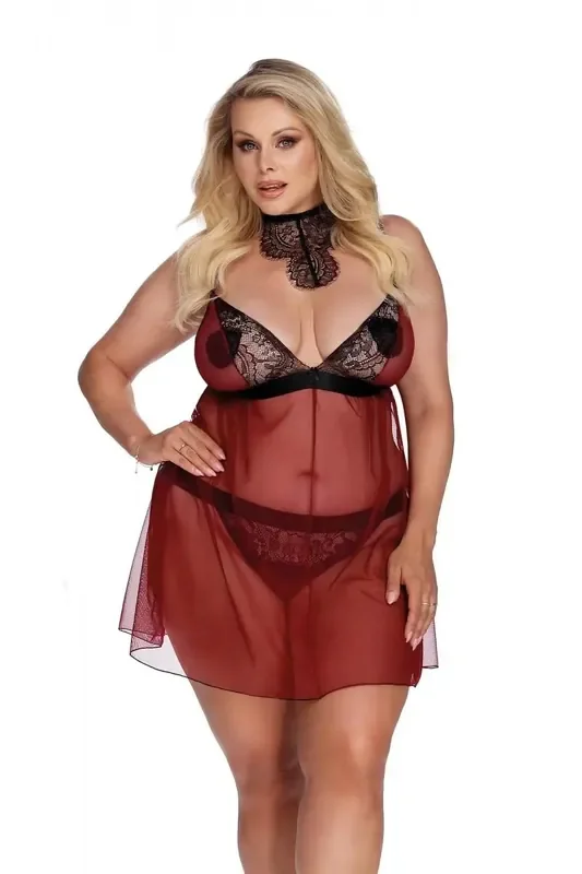 Bordeauxrotes Chemise aus Tüllmaterial und Spitze