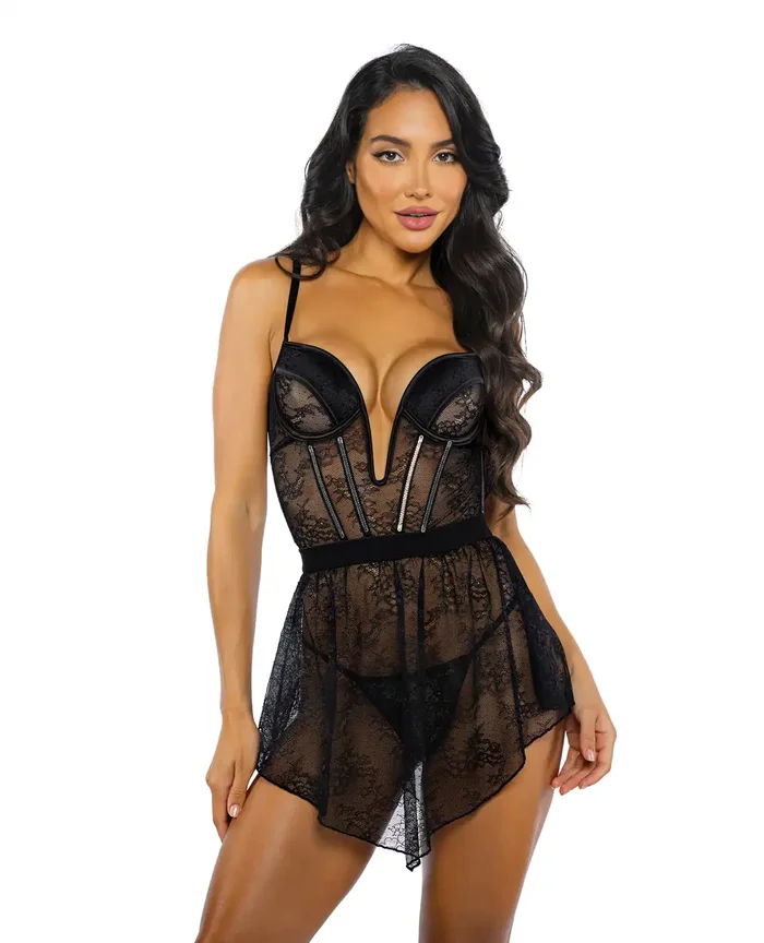 Chantilly Lace and Satin Garter Skirt 3 pc Set – Black MD