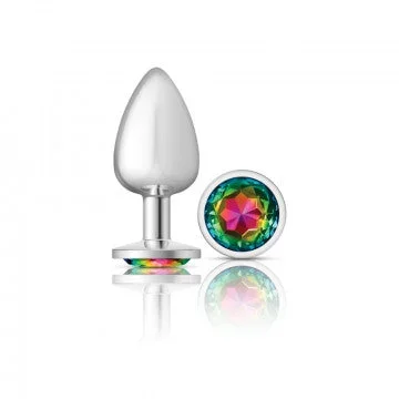 Cheeky Charms – Silver Metal Butt Plug – Round – Rainbow – Large