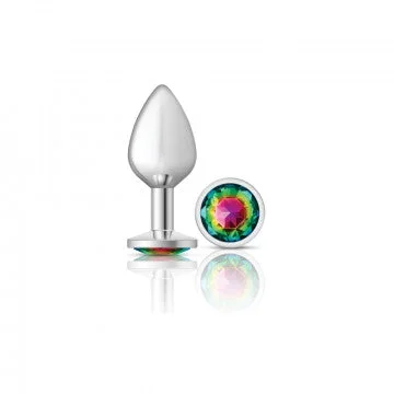 Cheeky Charms – Silver Metal Butt Plug – Round – Rainbow – Medium