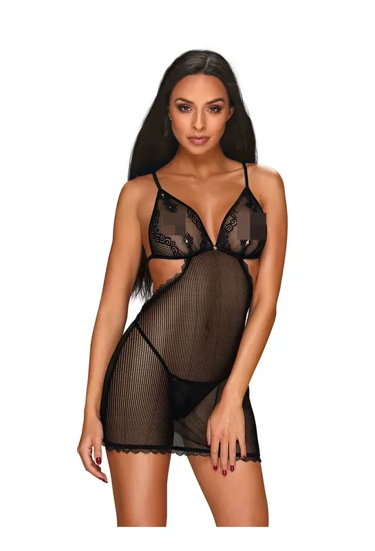 Chemise mit verstellbaren Trägern und String in schwarz