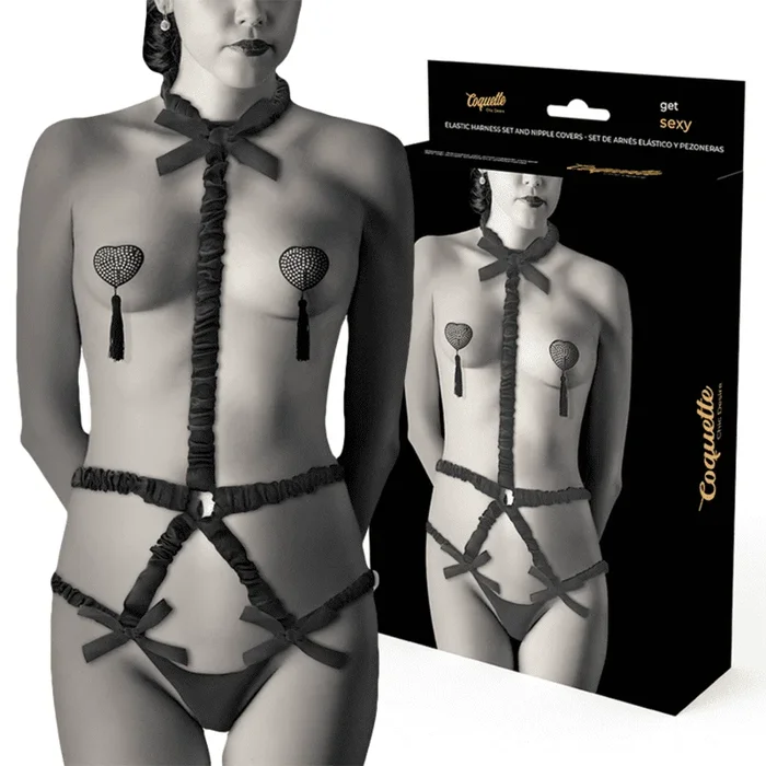 Coquette Chic Desire – Elastisches Geschirr-Set und Nippelabdeckungen Schwarz