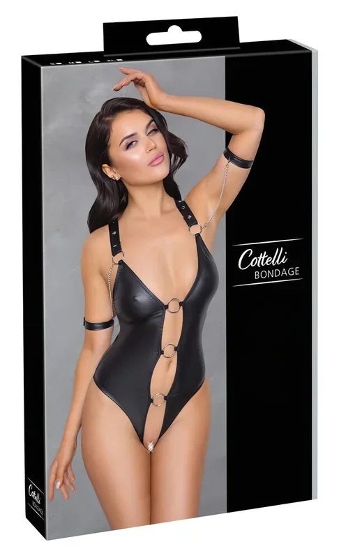 Cottelli Bondage – Glänzender, offener Body mit Ringen (schwarz) – L