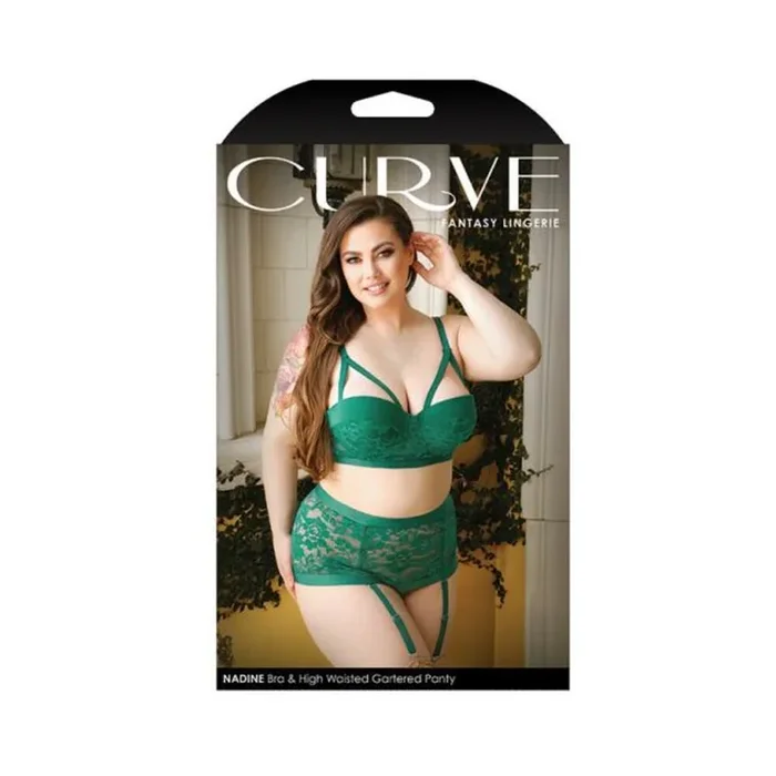 Curve Nadine Longline Contour Cup Bra, High Waist Panty w/Removable Garters Emerald 1X/2X