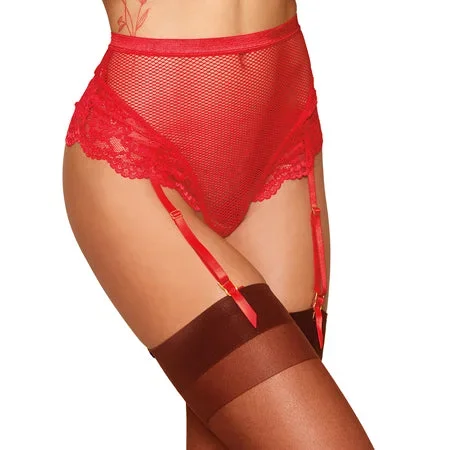 Dreamgirl High-Waisted Fishnet Garter Thong with Lace Detail Ruby S