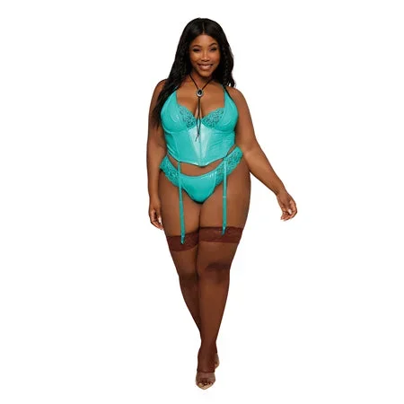 Dreamgirl Lace Trim Pleather Bustier & G-String with Removeable Garters Ocean 3XL