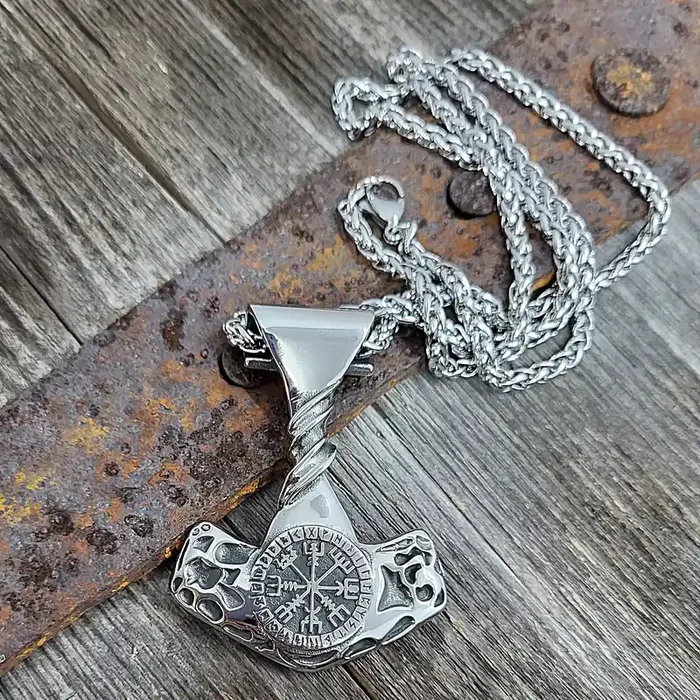 Edelstahl Halskette Thors Hammer Vegvisir im Runenkreis, groß