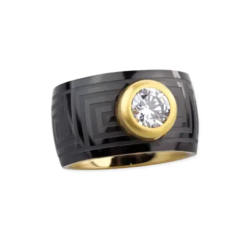 Edelstahlring ‘Mäander‘ mit Zirkonia schwarz-gold