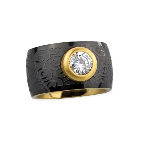 Edelstahlring ‘Spiralen‘ mit Zirkonia schwarz-gold