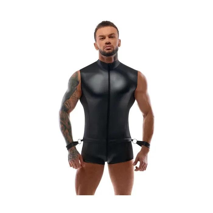 Exotischer Bondage-Overall mit Handfesseln und Netz-Einsätzen – Schwarz – Größe – XL