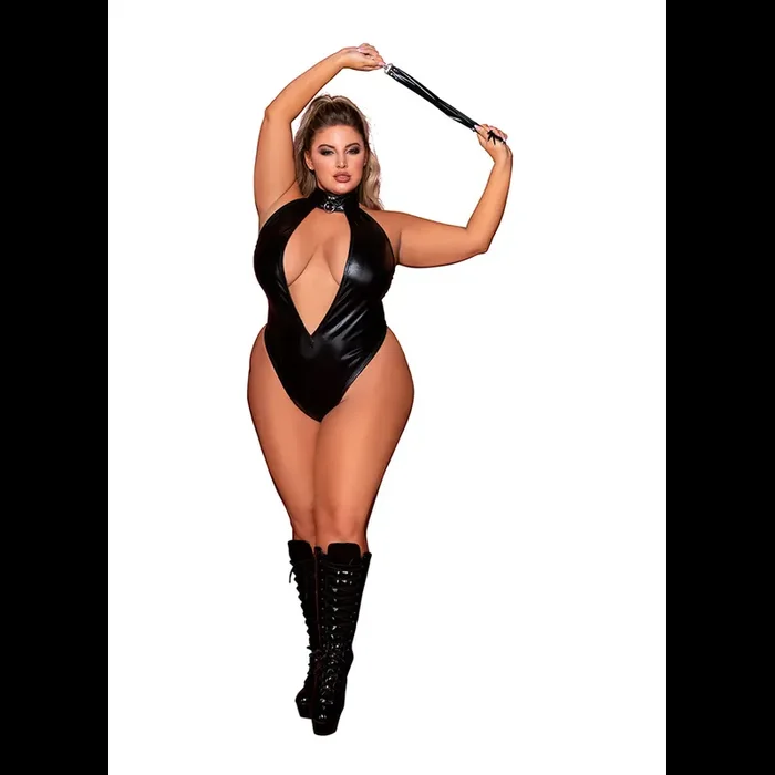 Faux Halter Teddy with Flogger – Plus Size – Black