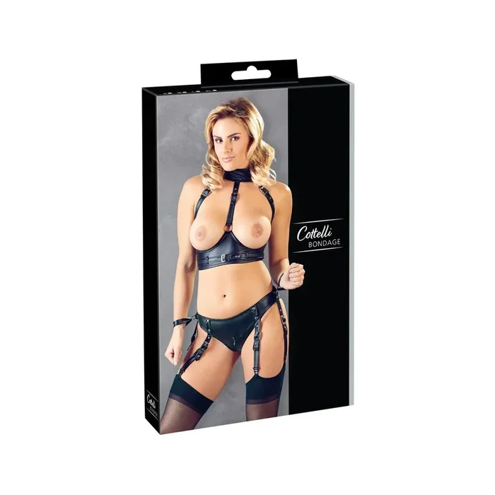 Fessel-Dessous – Ouvert-BH & Straps-Slip – Schwarz – Größe L