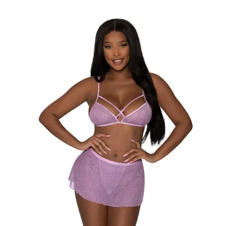 Girl Next Door Strappy Bralette w/Flirty Thong Skirt Lilac L/XL
