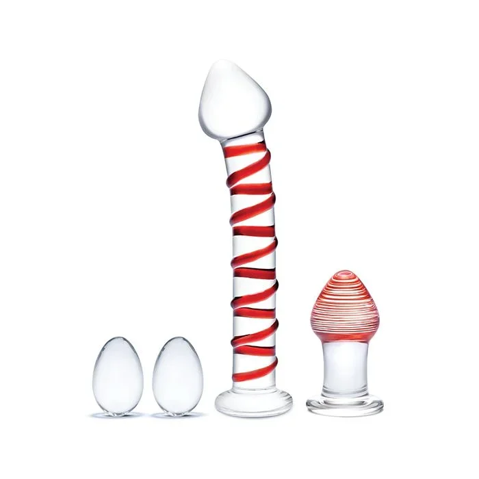 Glass Kegel Balls, Dildo & Butt Plug 4-Piece Set – Swirled Borosilicate Glass Toys