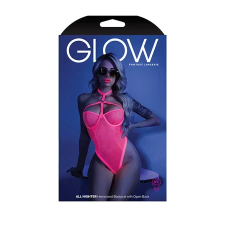 Glow Black Light Harness Mesh Body Suit Neon Pink S/M