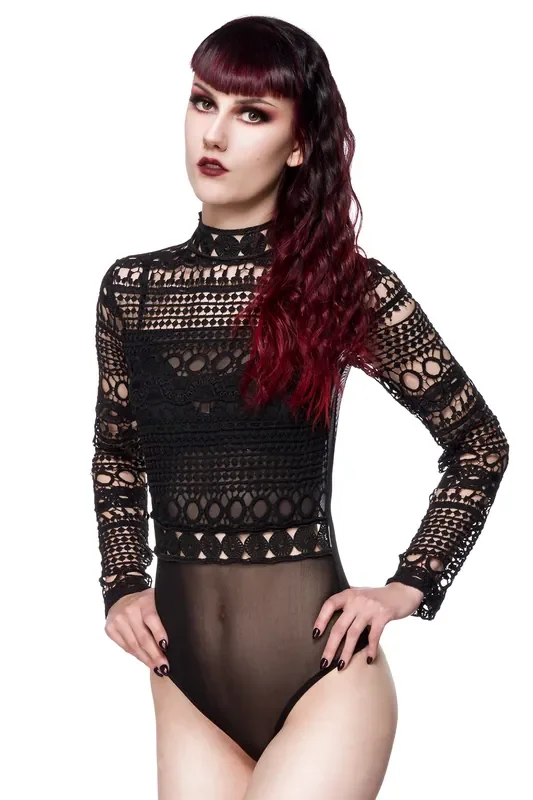 Gothic Langarm-Body aus Spitze und Netz