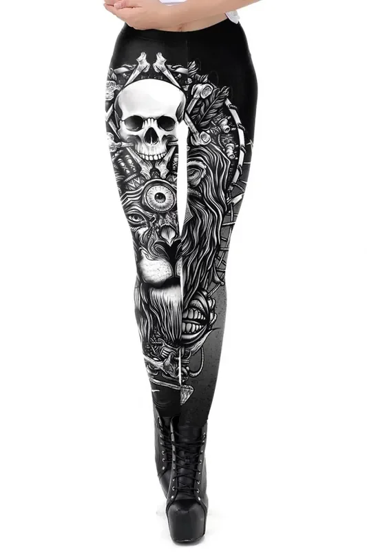 Gothic Leggings mit asymmetrischem Löwenprint und Totenschädel