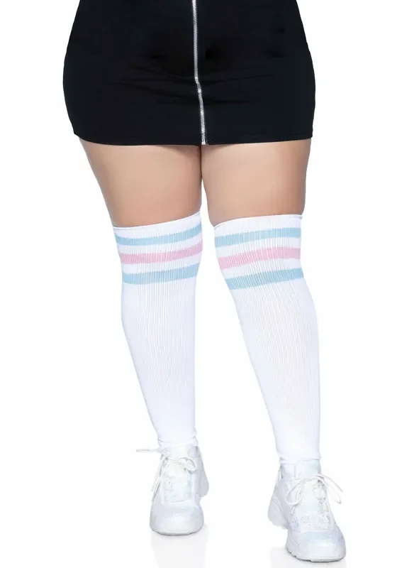 Halterlose Overkneestrümpfe mit 3 Kontraststreifen – QueenSize