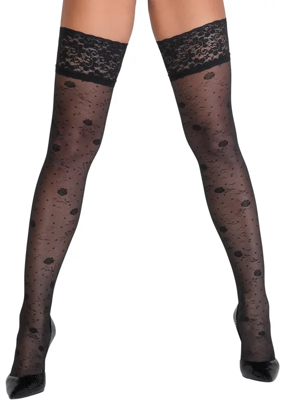 Halterlose Strümpfe mit zartem Rosenmuster, Oeko-Tex zertifiziert. Cottelli LEGWEAR