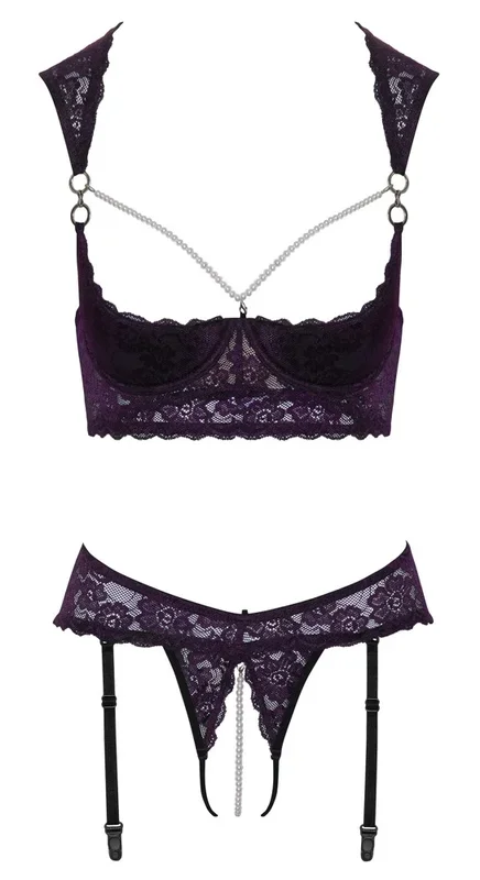 Hebe plus Straps-String ouvert aus Lila-Stretch-Spitze mit schwarzen Details Cottelli LINGERIE