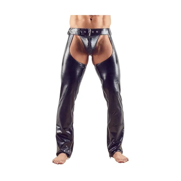 Herren Chaps und String aus Lederimitat – Schwarz – Größe S