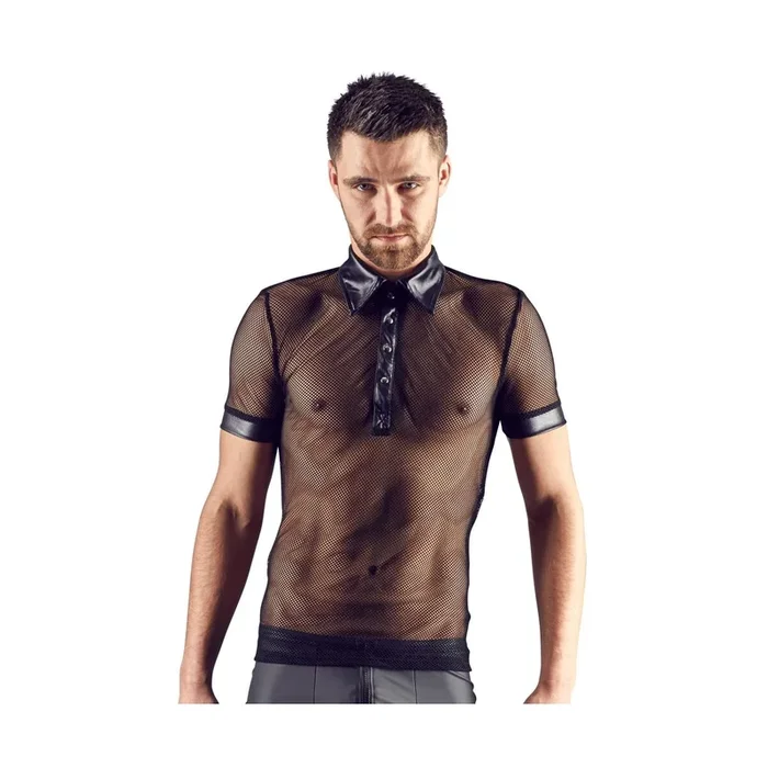 Herren Shirt aus Netz und Wetlook – Mit Polokragen – Schwarz – Größe S