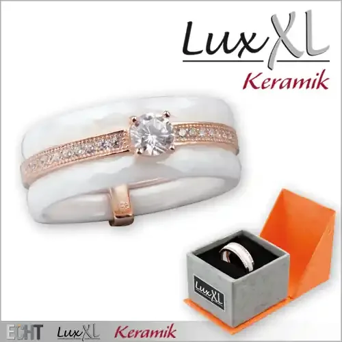 Keramikring weiß-roségold mit großem Zirkonia