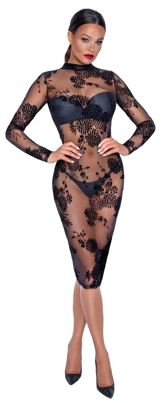 Kleid „Fucking Fabulous Exclusive“ aus Powernet mit Blüten-Samtflockprint Noir