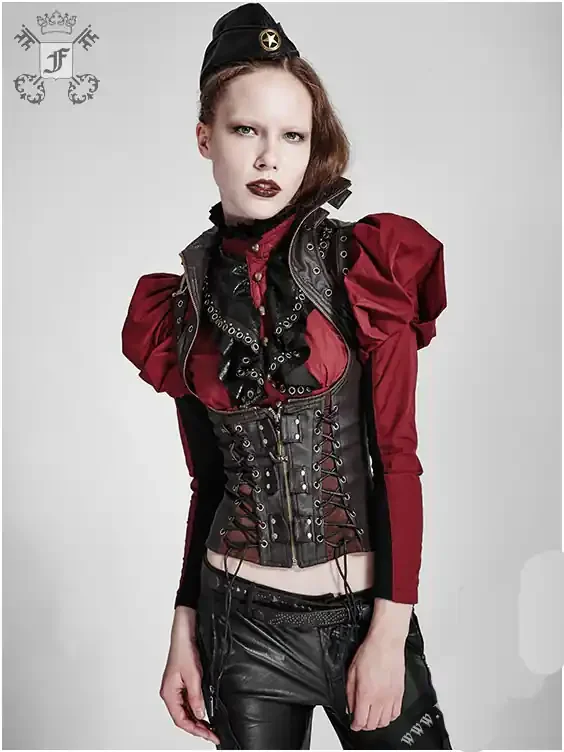 Kunstleder-Corsage mit hohem Kragen und Schnürungen braun