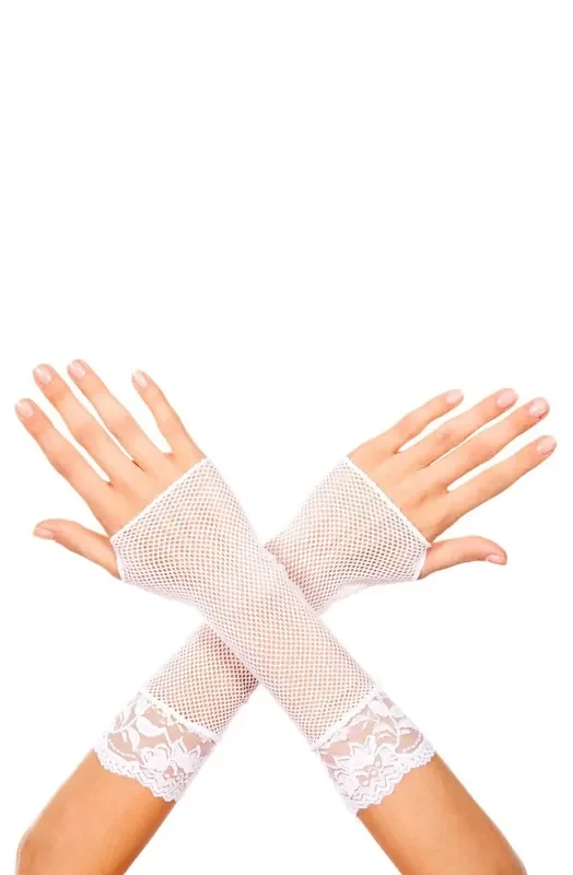 Kurze Netzhandschuhe mit Spitzenbesatz WEISS