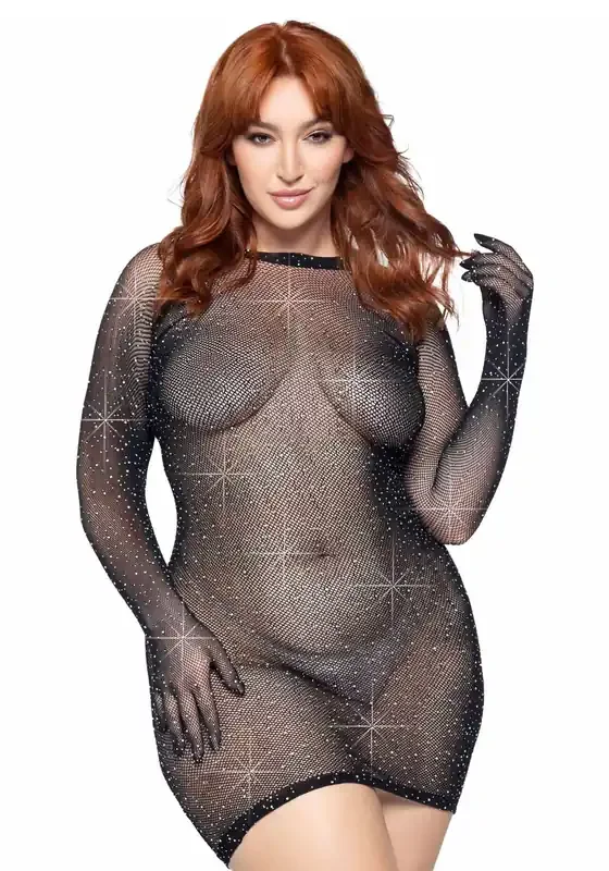Kurzes Netzkleid mit Handschuhen – QueenSize