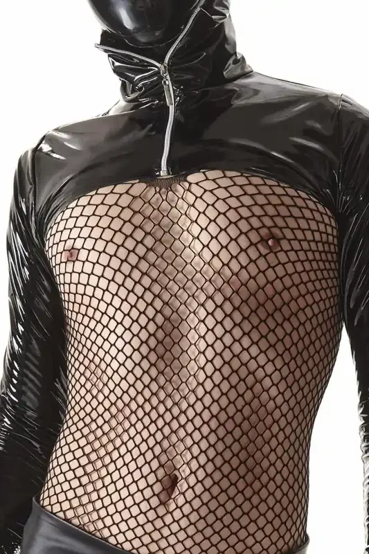 kurzgeschnittene, schwarze PVC Jacke mit Reisverschluss