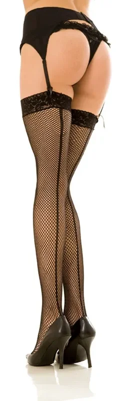 Lace top fishnet thigh high w. backseam