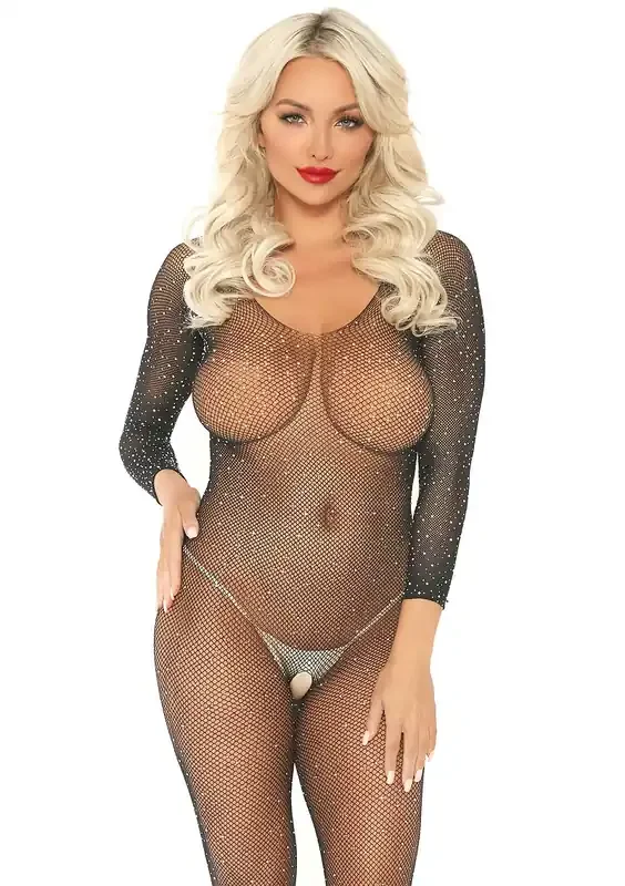 Langarm-Bodystocking aus Netz mit Strass