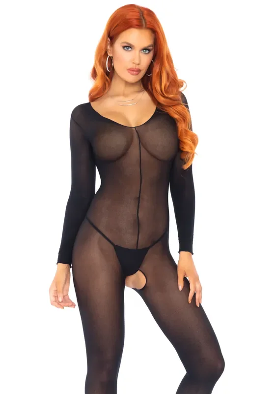 Langärmliger Bodystocking transparent ouvert