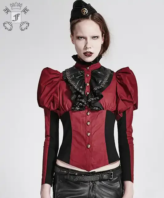 Langärmliges Shirt mit hohem Kragen und Jabot rot
