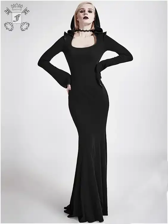 Langes enges Kleid mit Kapuze und Schnürung